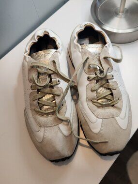 P448 Audry sneakers tennis shoes gold tan white suede leather
